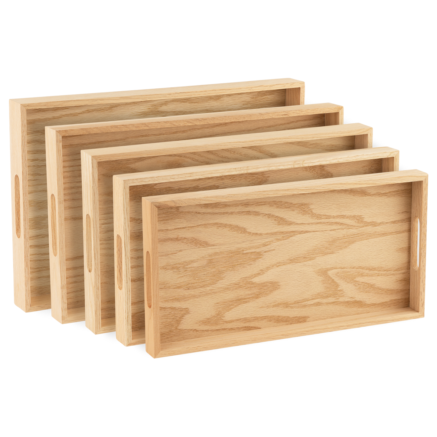 Oak Wood Nested Serving Trays Five Piece Set of Rectangular Quality Wooden Trays with Cut Out Handles by Hammont