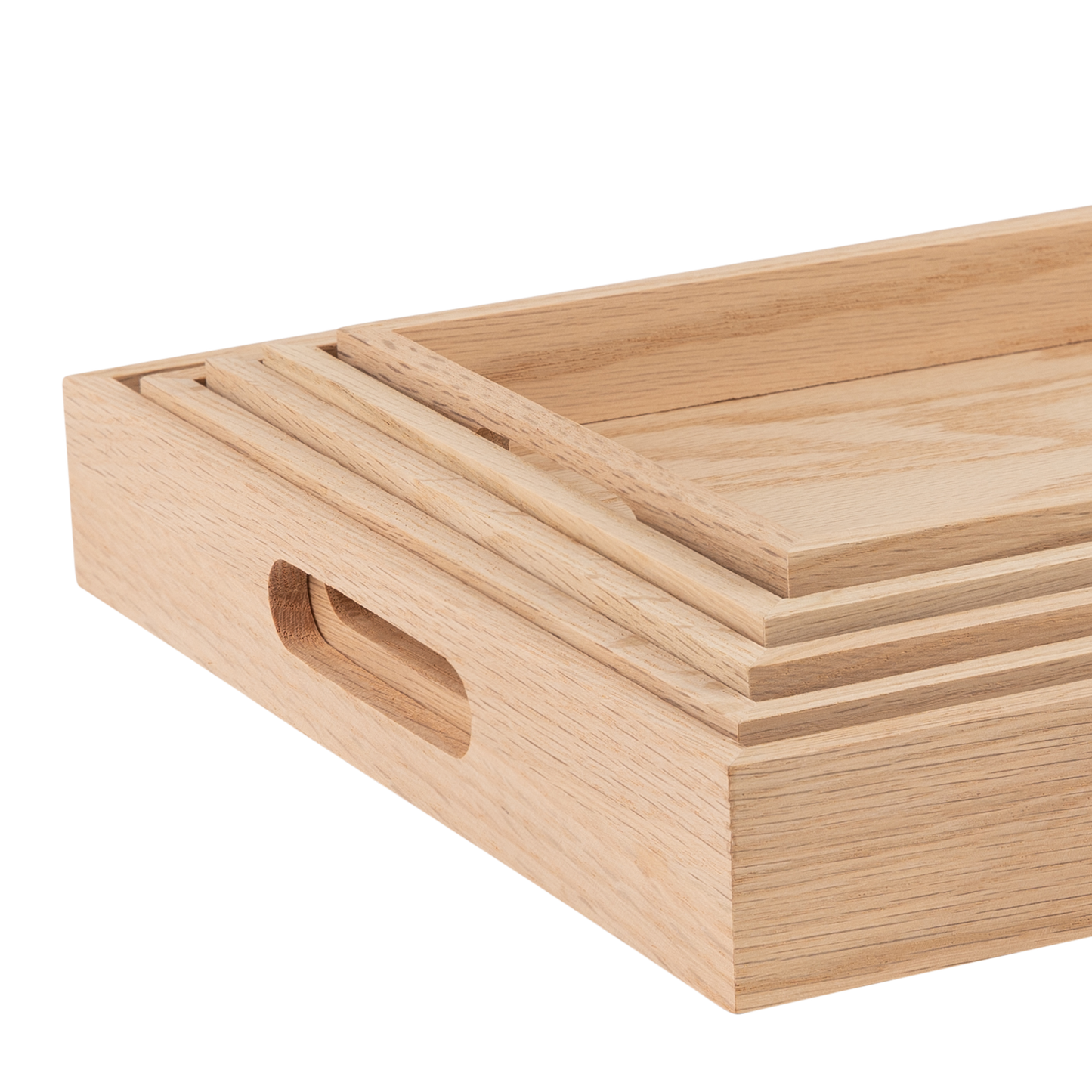 Oak Wood Nested Serving Trays Five Piece Set of Rectangular Quality Wooden Trays with Cut Out Handles by Hammont