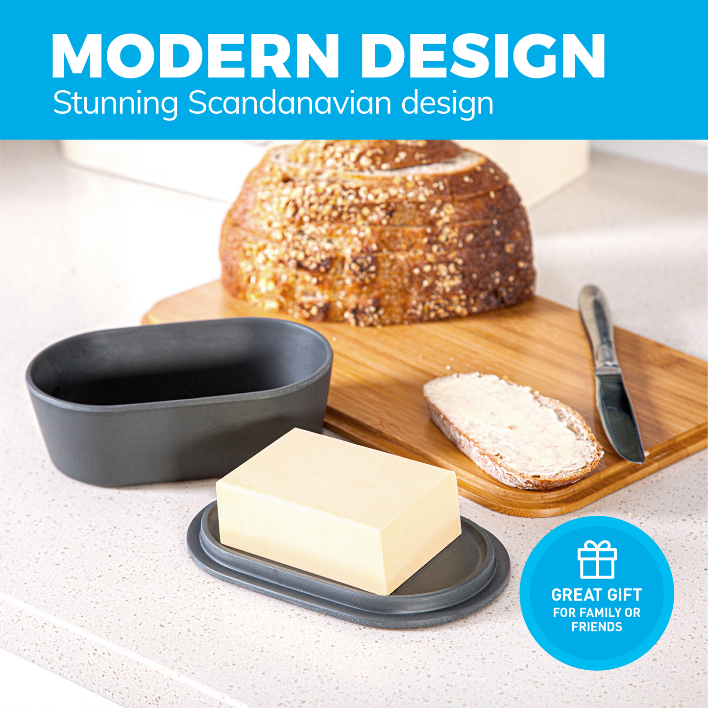 Modern Bamboo Butter Dish with Lid - Dishwasher Safe - Perfectly Sized For Large European Style Butters by Cooler Kitchen