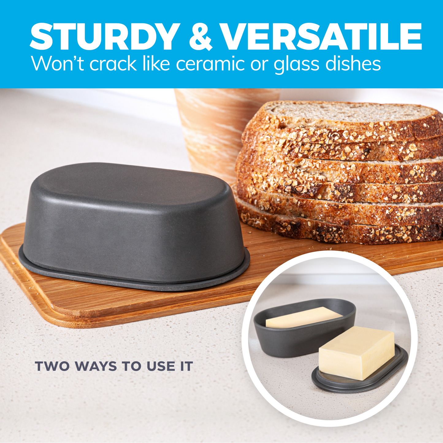 Modern Bamboo Butter Dish with Lid - Dishwasher Safe - Perfectly Sized For Large European Style Butters by Cooler Kitchen