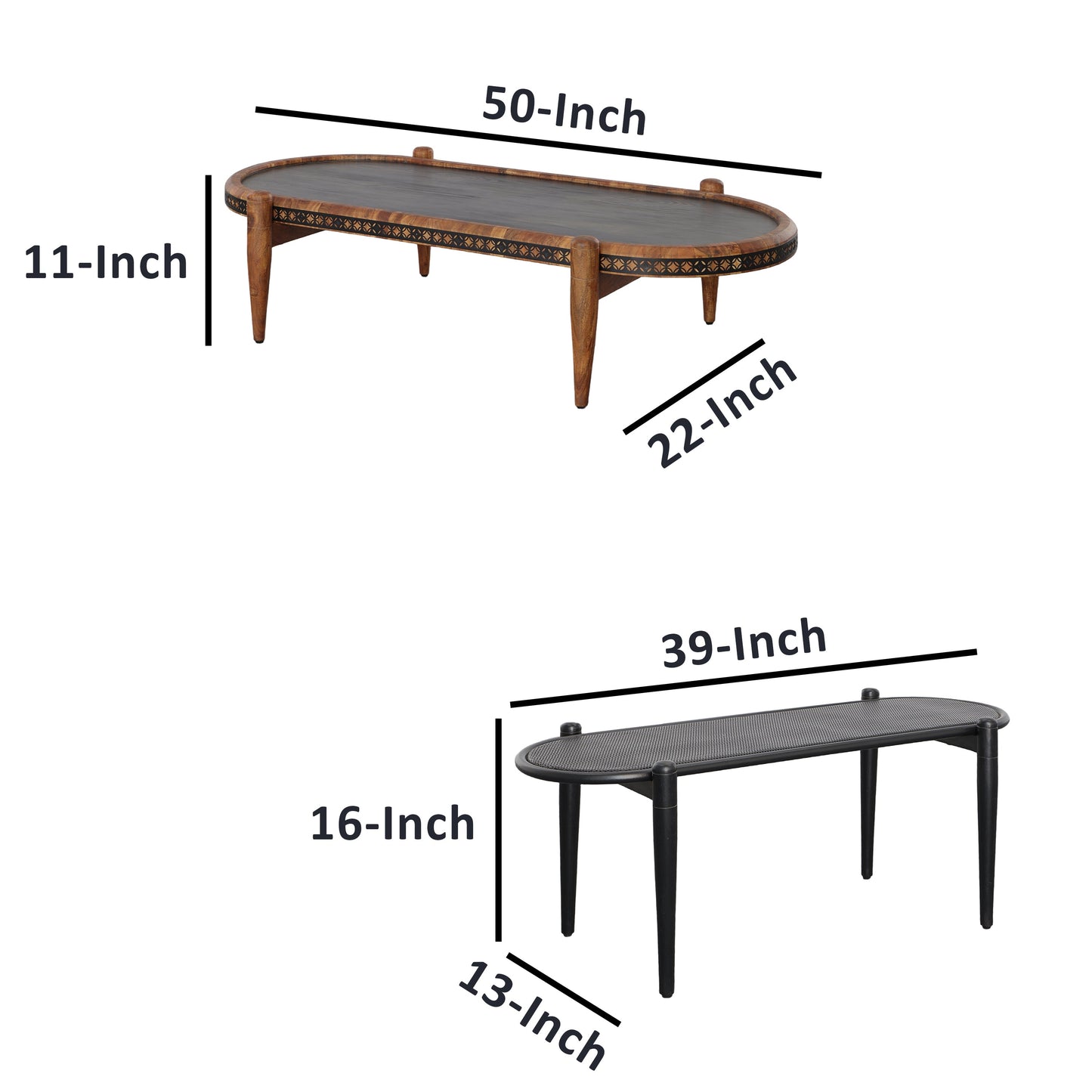 2 Piece Oval Acacia Wood and Metal Nesting Coffee Table by Blak Hom