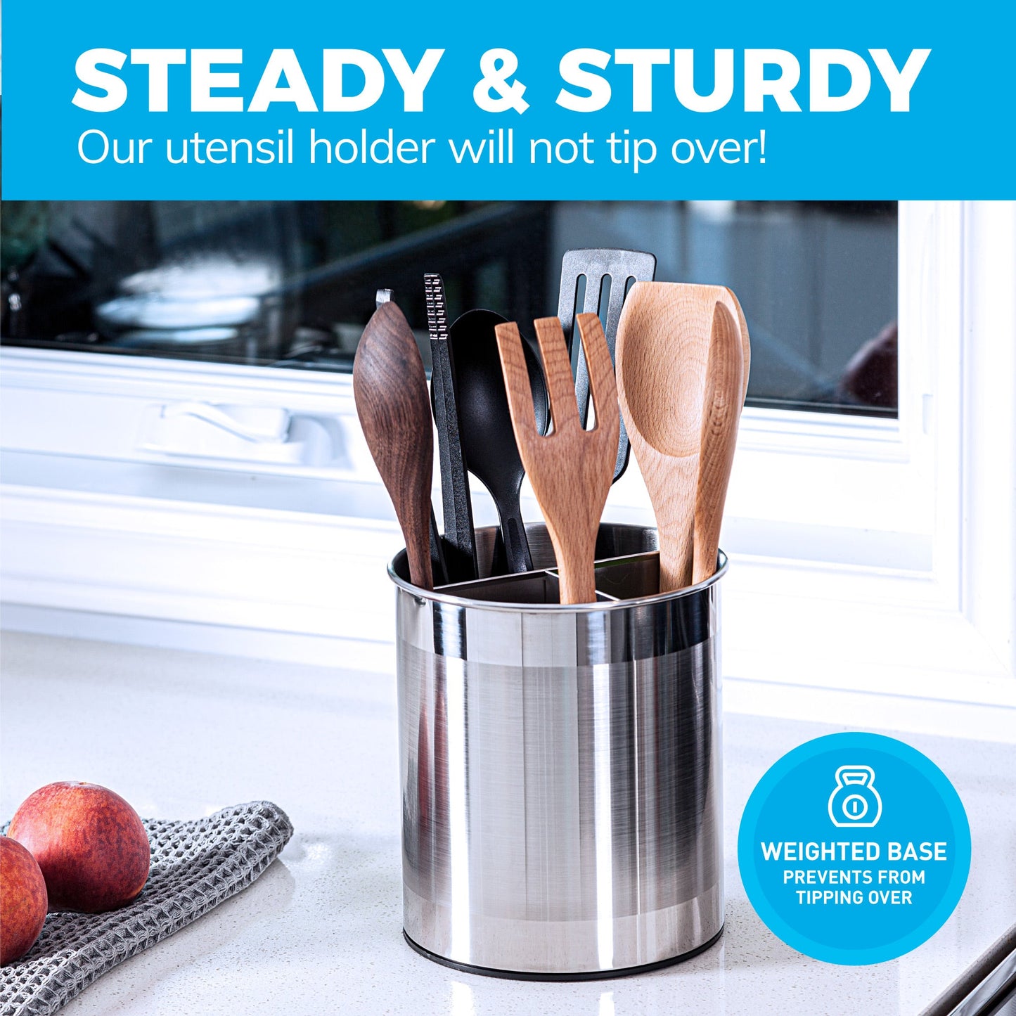 Extra Large Rotating Utensil Holder Caddy with Sturdy No-Tip Weighted Base, Removable Divider, and Gripped Insert: Metal | Rust Proof and Dishwasher Safe by Cooler Kitchen