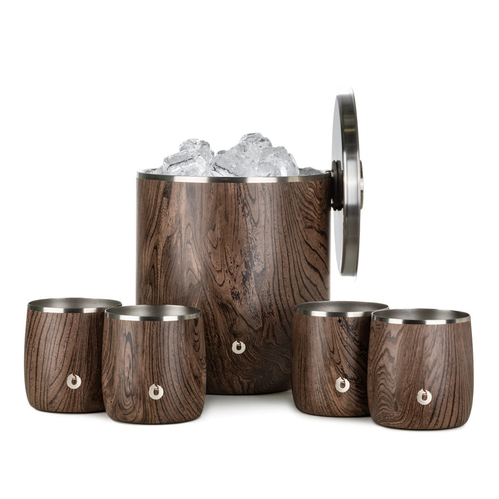 Stainless Steel Ice Bucket with Rocks Glass Set, Dark Walnut by Snowfox