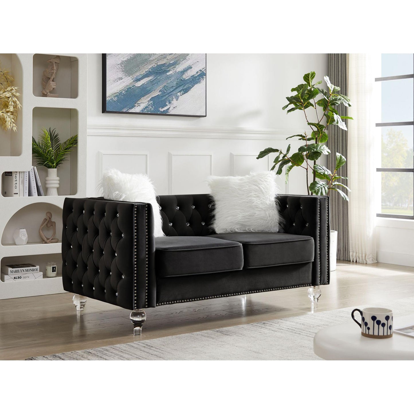 Velvet Upholstery Tufted Sofa With Crystal Feet and Removable Cushion by Blak Hom