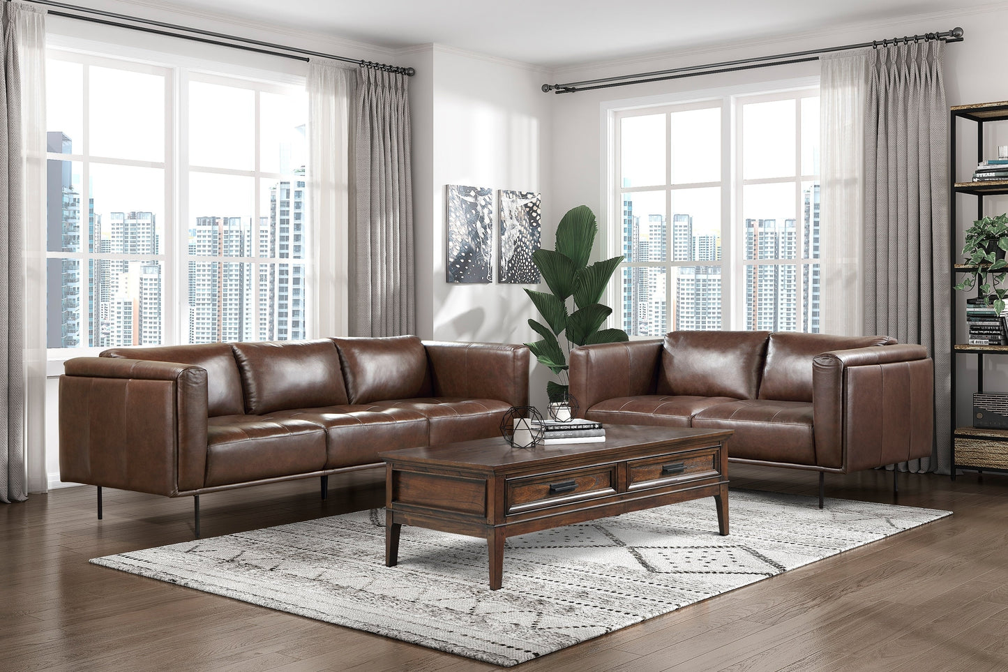 Modern Design Brown Genuine Leather Loveseat by Blak Hom