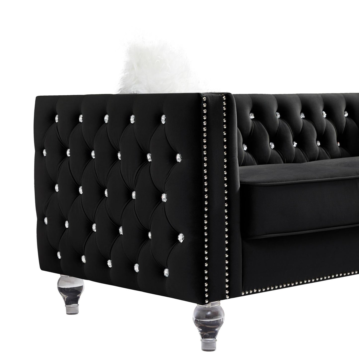 Velvet Upholstery Tufted Sofa With Crystal Feet and Removable Cushion by Blak Hom