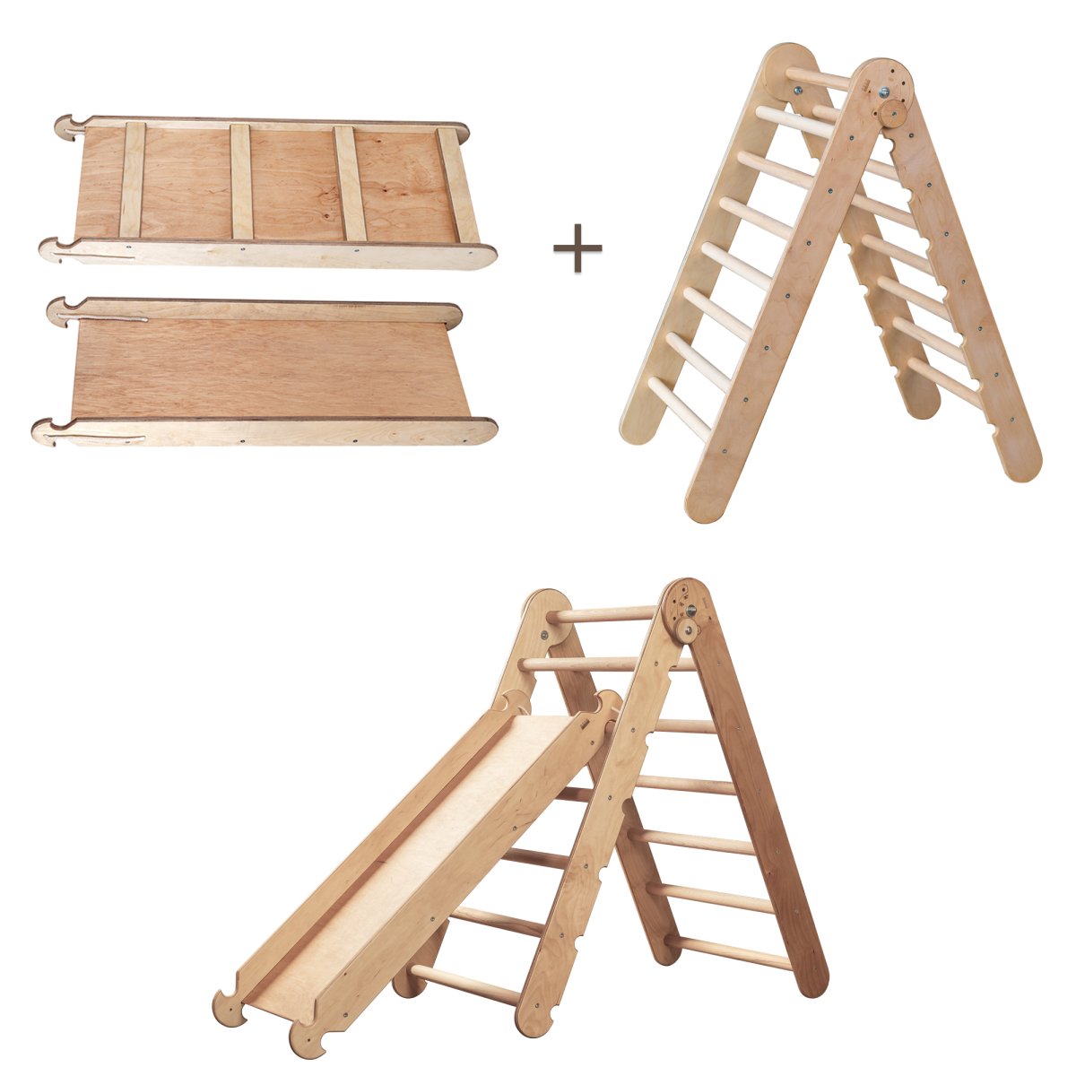 2in1 Montessori Climbing Set: Triangle Ladder + Slide Board/Ramp – Beige by Goodevas