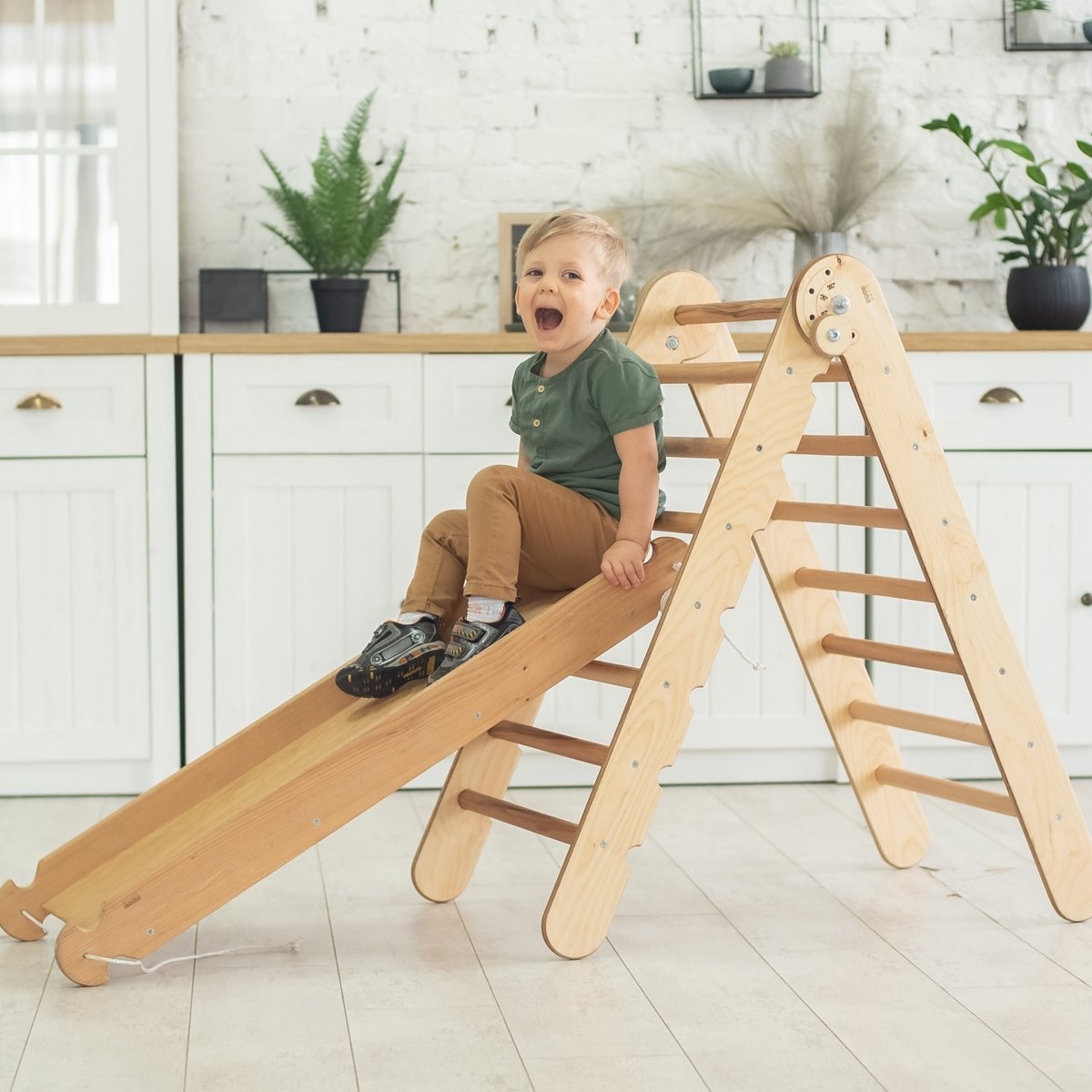 2in1 Montessori Climbing Set: Triangle Ladder + Slide Board/Ramp – Beige by Goodevas