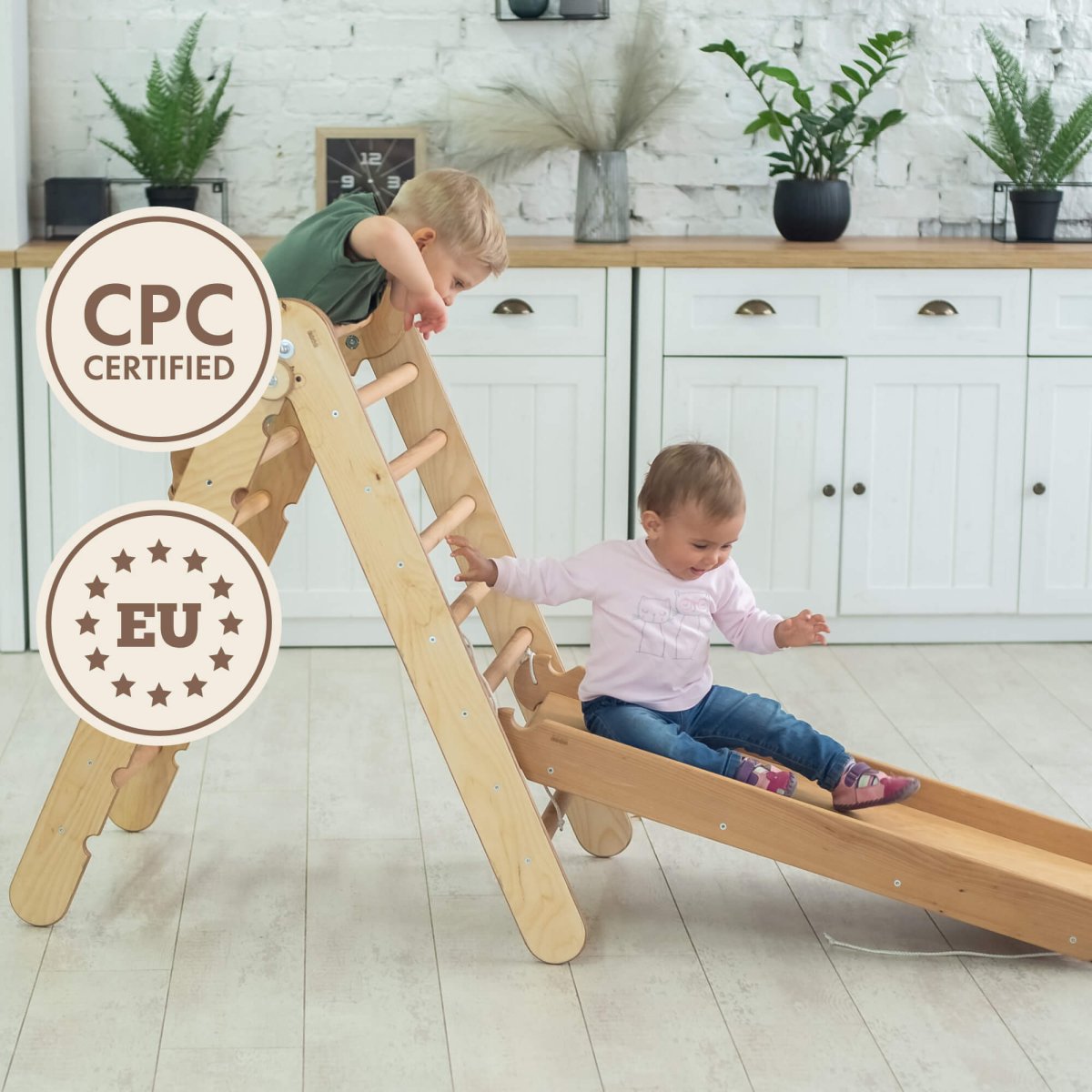 2in1 Montessori Climbing Set: Triangle Ladder + Slide Board/Ramp – Beige by Goodevas