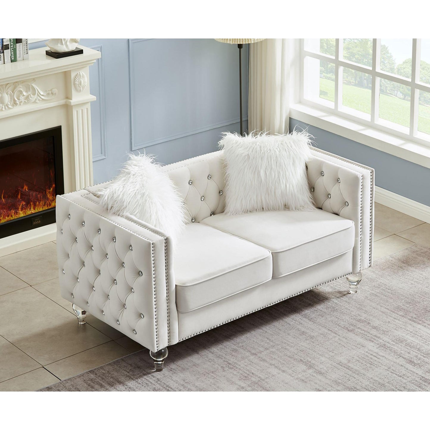 Velvet Upholstery Tufted Sofa With Crystal Feet and Removable Cushion by Blak Hom