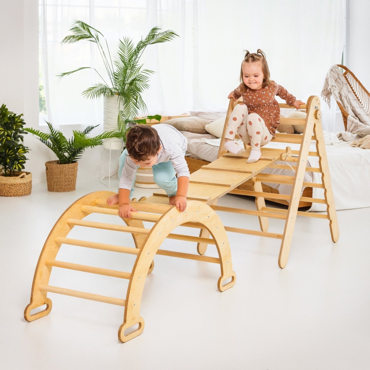 3in1 Montessori Climbing Set: Triangle Ladder + Wooden Arch + Slide Board – Beige NEW by Goodevas