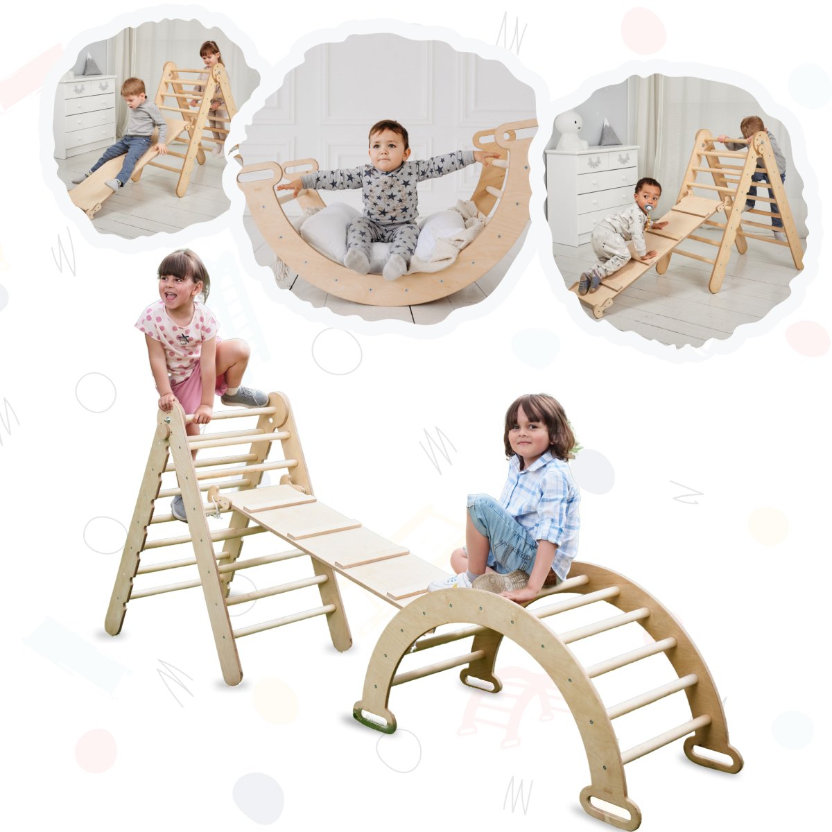 3in1 Montessori Climbing Set: Triangle Ladder + Wooden Arch + Slide Board – Beige NEW by Goodevas