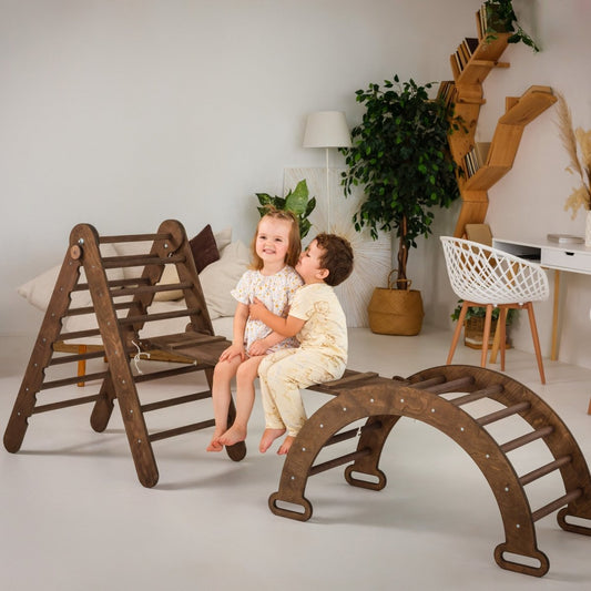 3in1 Montessori Climbing Set: Triangle Ladder + Wooden Arch + Slide Board – Chocolate NEW by Goodevas