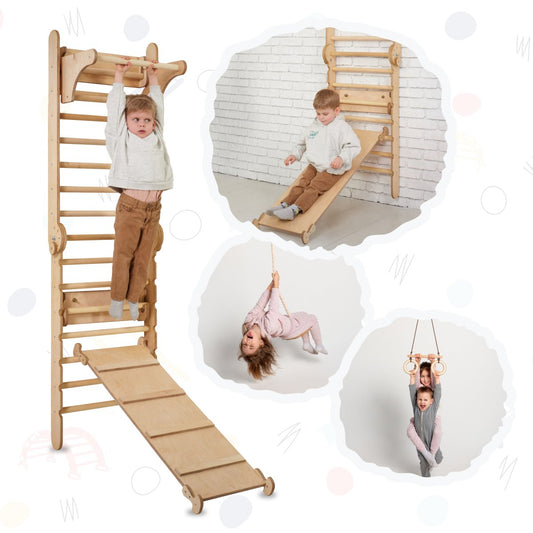 3in1: Wooden Swedish Wall / Climbing ladder for Children + Swing Set + Slide Board by Goodevas