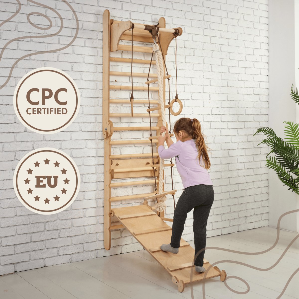 3in1: Wooden Swedish Wall / Climbing ladder for Children + Swing Set + Slide Board by Goodevas