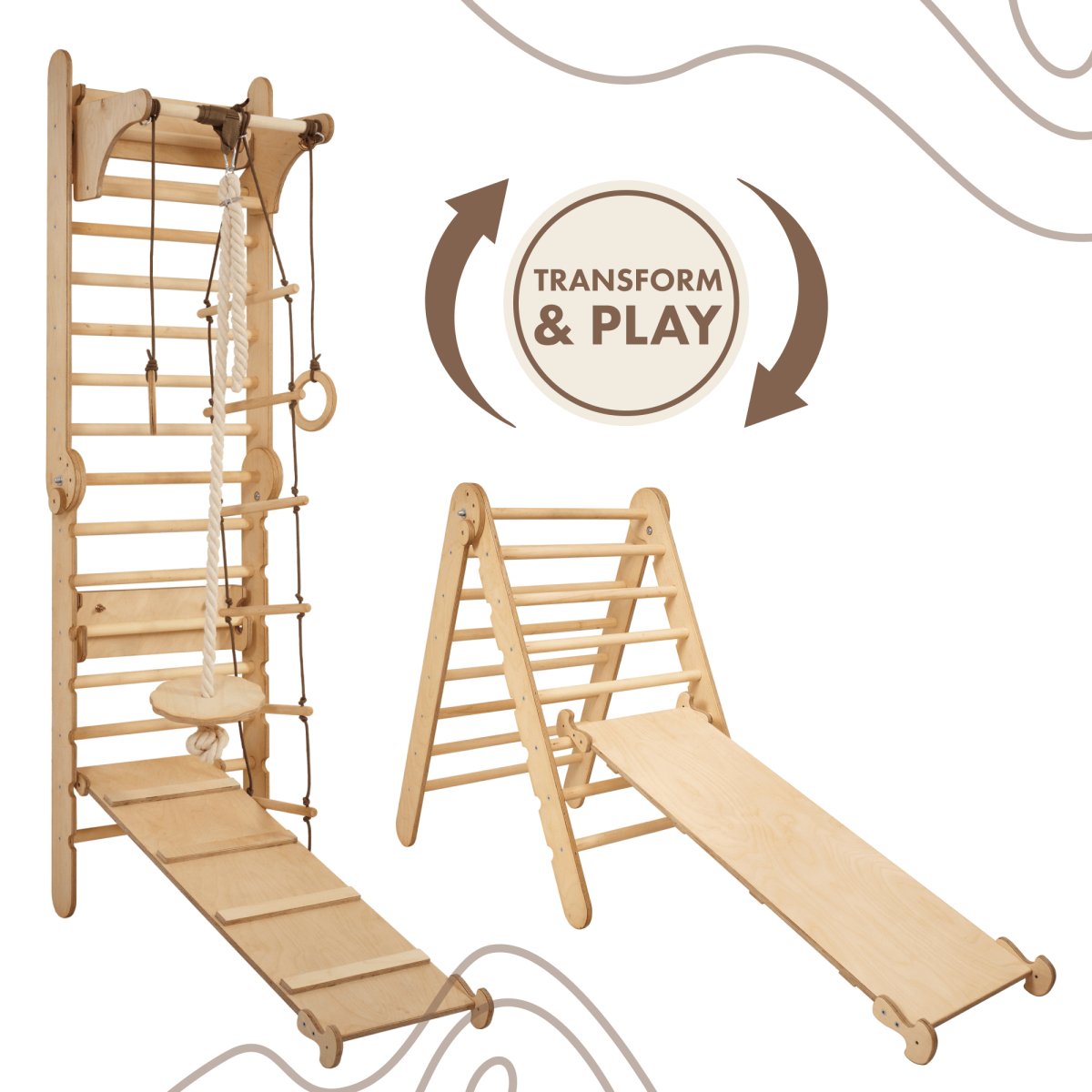 3in1: Wooden Swedish Wall / Climbing ladder for Children + Swing Set + Slide Board by Goodevas