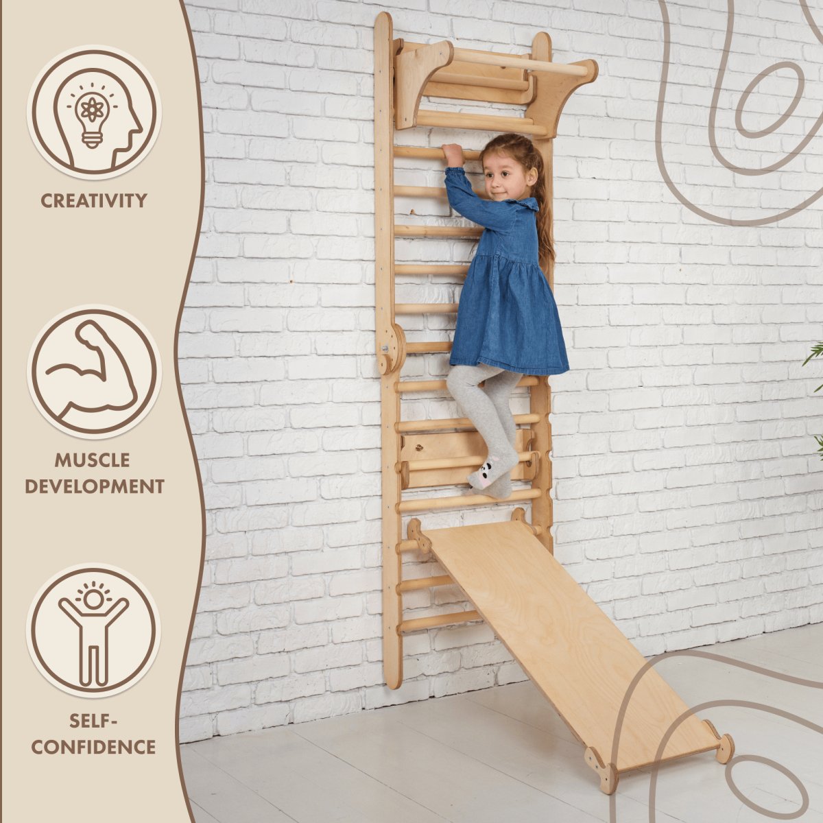 3in1: Wooden Swedish Wall / Climbing ladder for Children + Swing Set + Slide Board by Goodevas