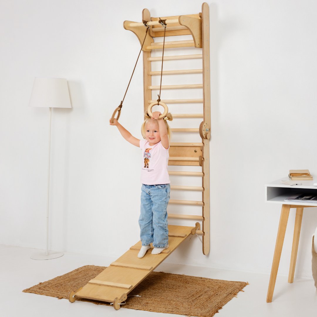 3in1: Wooden Swedish Wall / Climbing ladder for Children + Swing Set + Slide Board by Goodevas