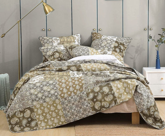 DaDa Bedding Bohemian Olive Brown Moroccan Paisley Floral Filigree Patchwork Cotton Bedspread Set (JHW-885) by DaDa Bedding Collection