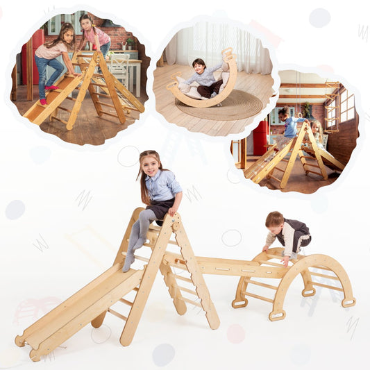 4in1 Montessori Climbing Frame Set: Triangle Ladder + Arch/Rocker + Slide Board/Ramp + Netting rope by Goodevas