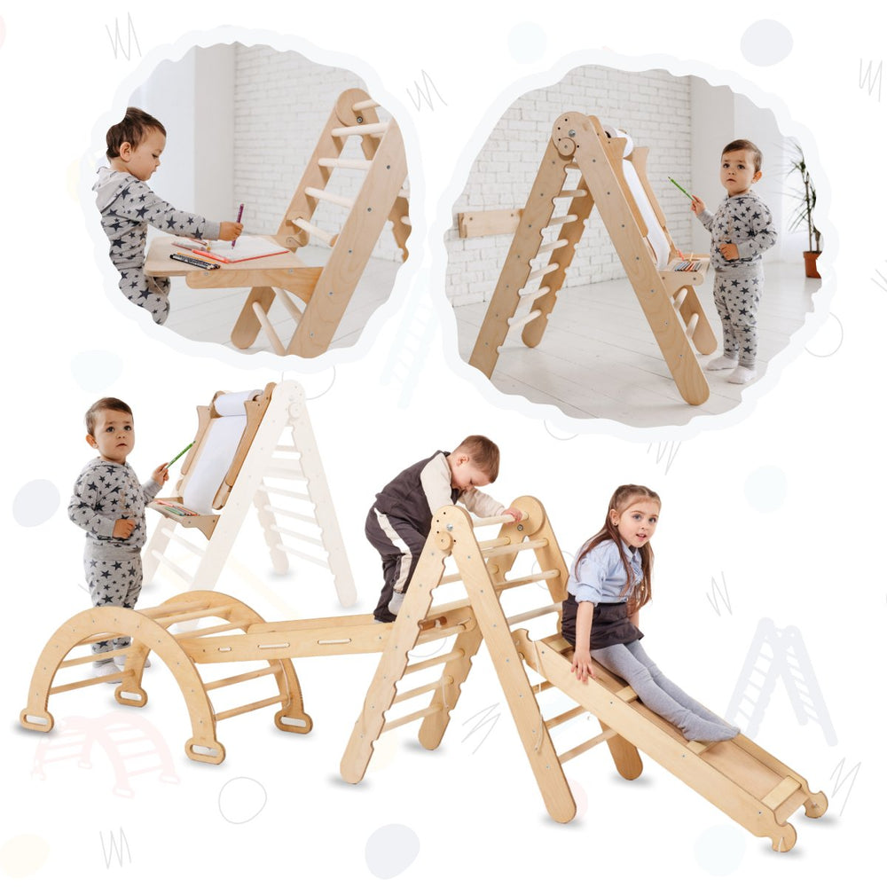 5in1 Montessori Climbing Set: Triangle Ladder + Climbing Arch + Slide Board + Climbing Net + Art Addition by Goodevas