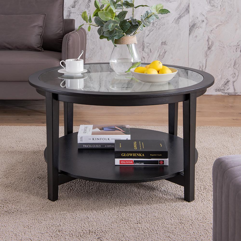 Modern Solid Wood Round Coffee Table With Tempered Glass Top by Blak Hom