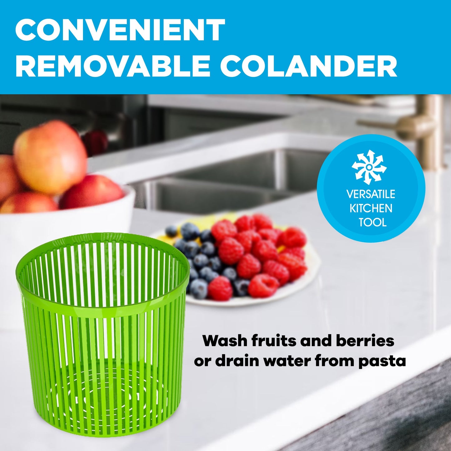 Single Serve Small Salad Spinner - Mini Prep Lettuce Spinner and Dryer With Measuring Cup - Collander with Fruit and Vegetable Washing Basket Bowl - Great Fruit and Vegetable Washer By Cooler Kitchen by Cooler Kitchen