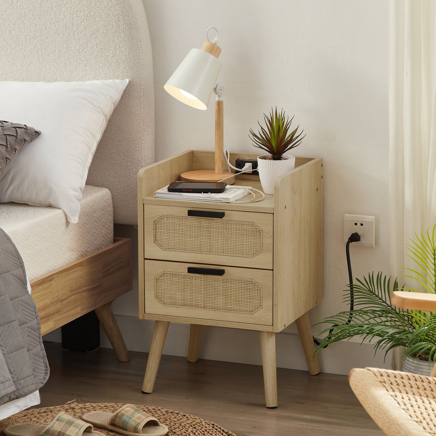 Set of 2 Rattan Nightstand With Socket Natural Rattan Handmade by Blak Hom