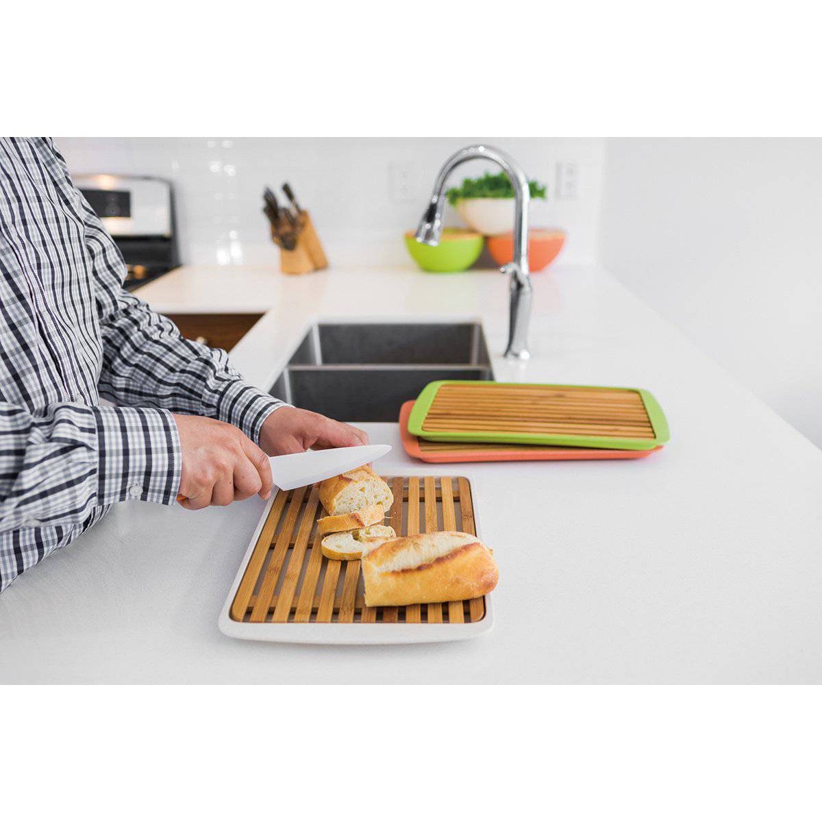 Bamboo Wood Cutting Board Lid w/ drop-through crumb spaces; on Bamboo Fibre Large Serving Tray Peach by Peterson Housewares & Artwares