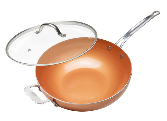 Ceramic Nonstick Copper Color Wok & Glass Lid, 12" (30cm) - Copper by VYSN