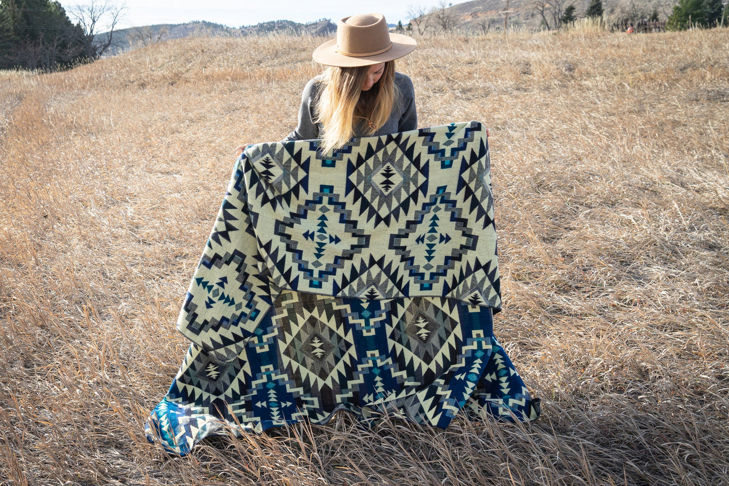 Andean Alpaca Wool Blanket - Blue Chakana by Alpaca Threadz