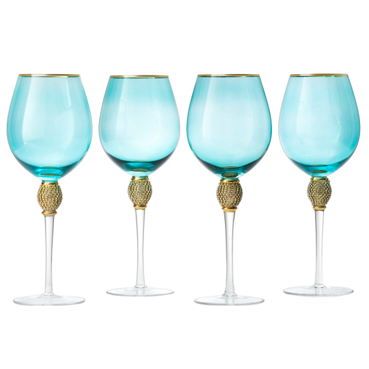 The Wine Savant Large Diamond Wine Glasses, 10" H Gold Rim Rhinestone Diamond Glasses - Wedding Glasses - 18 Ounce, Premium Designed Wine Glasses for Spirits and Wine, Gift Boxed (4, Blue) by The Wine Savant