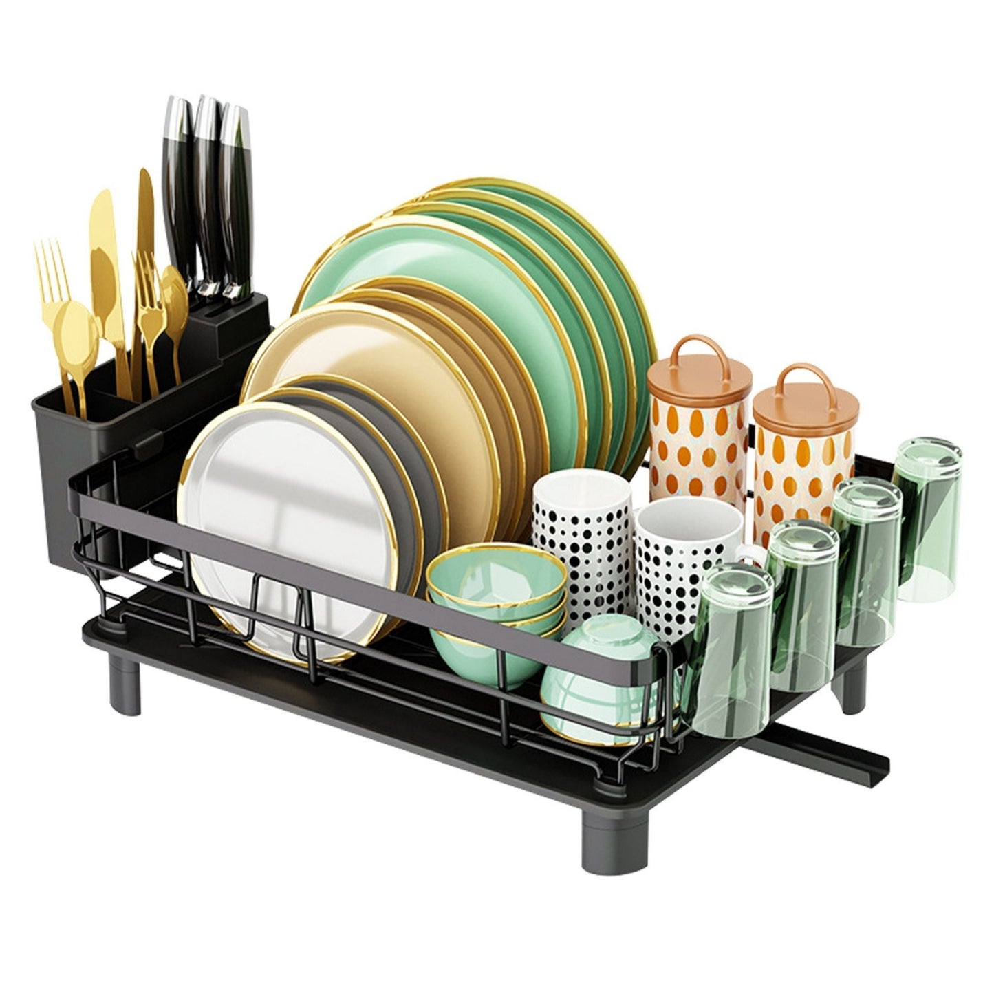 Kitchen Countertop Dish Drying Rack with Utensil Holder, Drain Board, and Storage Shelf - Black by VYSN