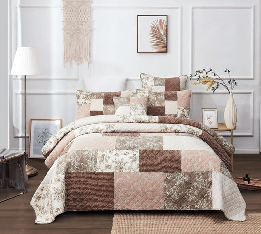 DaDa Bedding Dusty Rose Taupe Beige Brown Floral Cottage Patchwork Quilted Bedspread Set (JHW-866) by DaDa Bedding Collection