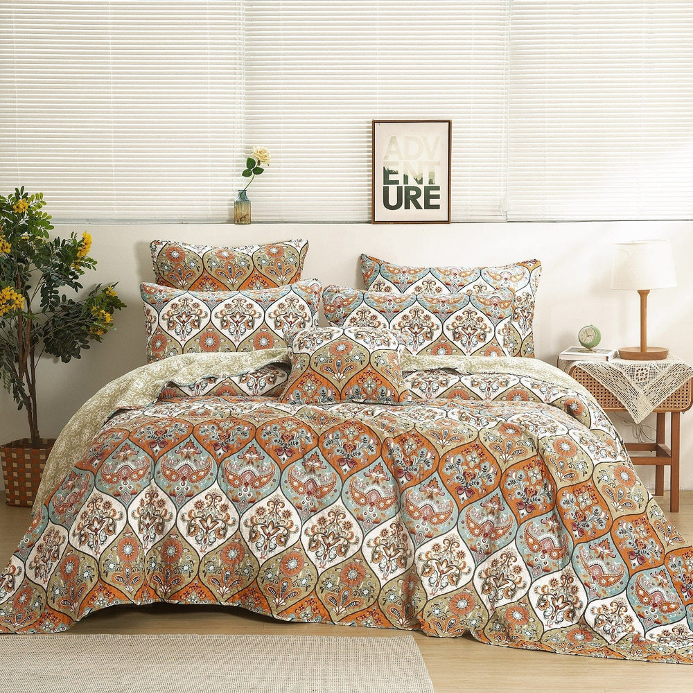 DaDa Bedding Bohemian Floral Paisley Garden Coral Teal Quilted Bedspread Set (LH1403) by DaDa Bedding Collection