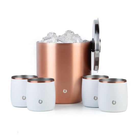 Stainless Steel Ice Bucket with Rocks Glass Set, Gold and White by Snowfox