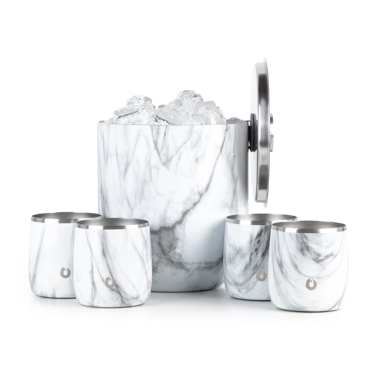 Stainless Steel Ice Bucket with Rocks Glass Set, Marble by Snowfox