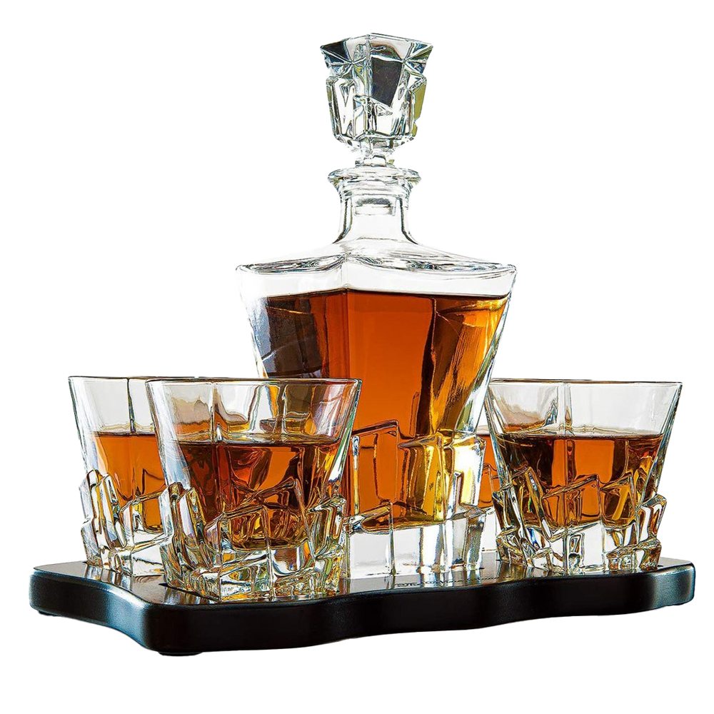 Crystal Wine and Whiskey Iceberg Mountain Glacier Decanter with 4 Glasses and Wood Tray - The Wine Savant by The Wine Savant