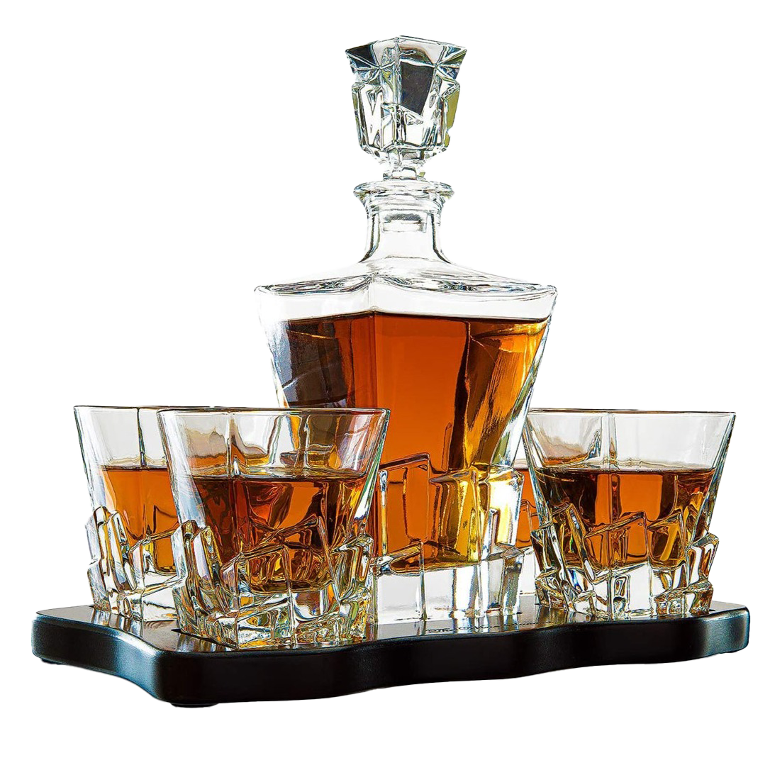 Crystal Wine and Whiskey Iceberg Mountain Glacier Decanter with 4 Glasses and Wood Tray - The Wine Savant by The Wine Savant