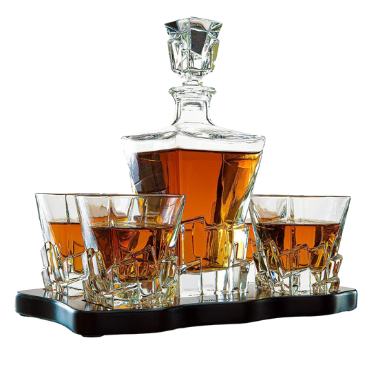 Crystal Wine and Whiskey Iceberg Mountain Glacier Decanter with 4 Glasses and Wood Tray - The Wine Savant by The Wine Savant