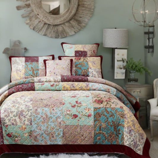 DaDa Bedding Bohemian Burgundy Red Velvet Trim Floral Paisley Patchwork Cotton Bedspread Set (JHW-868) by DaDa Bedding Collection