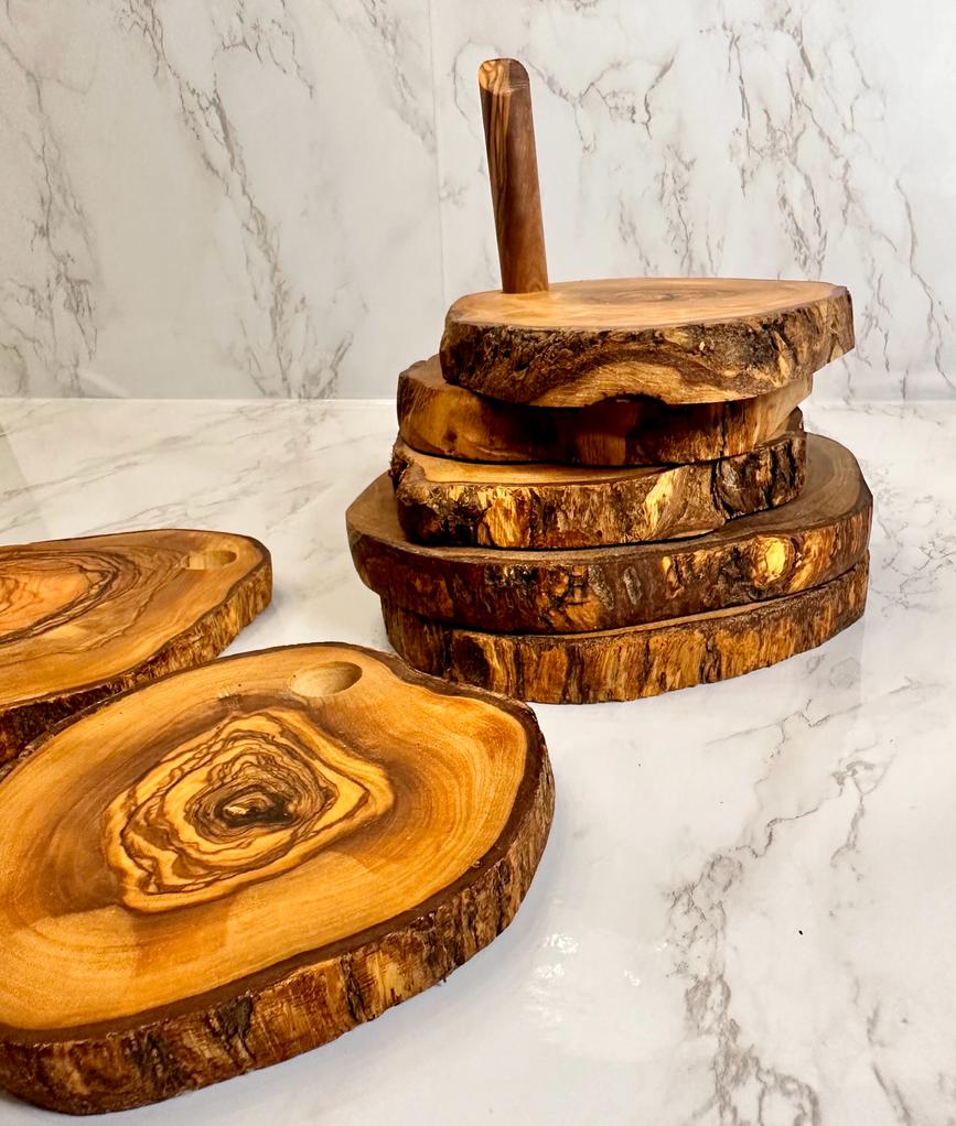 Olive Wood Coaster Set with Holder -7 Pcs by Choixe