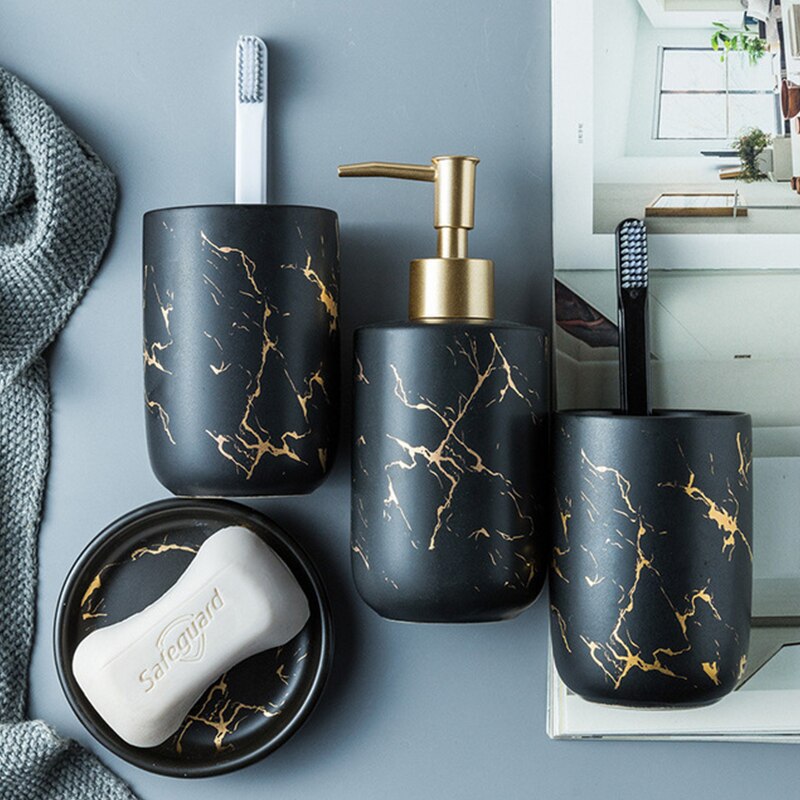 Ceramic imitation marble Bathroom Accessory Set by Blak Hom