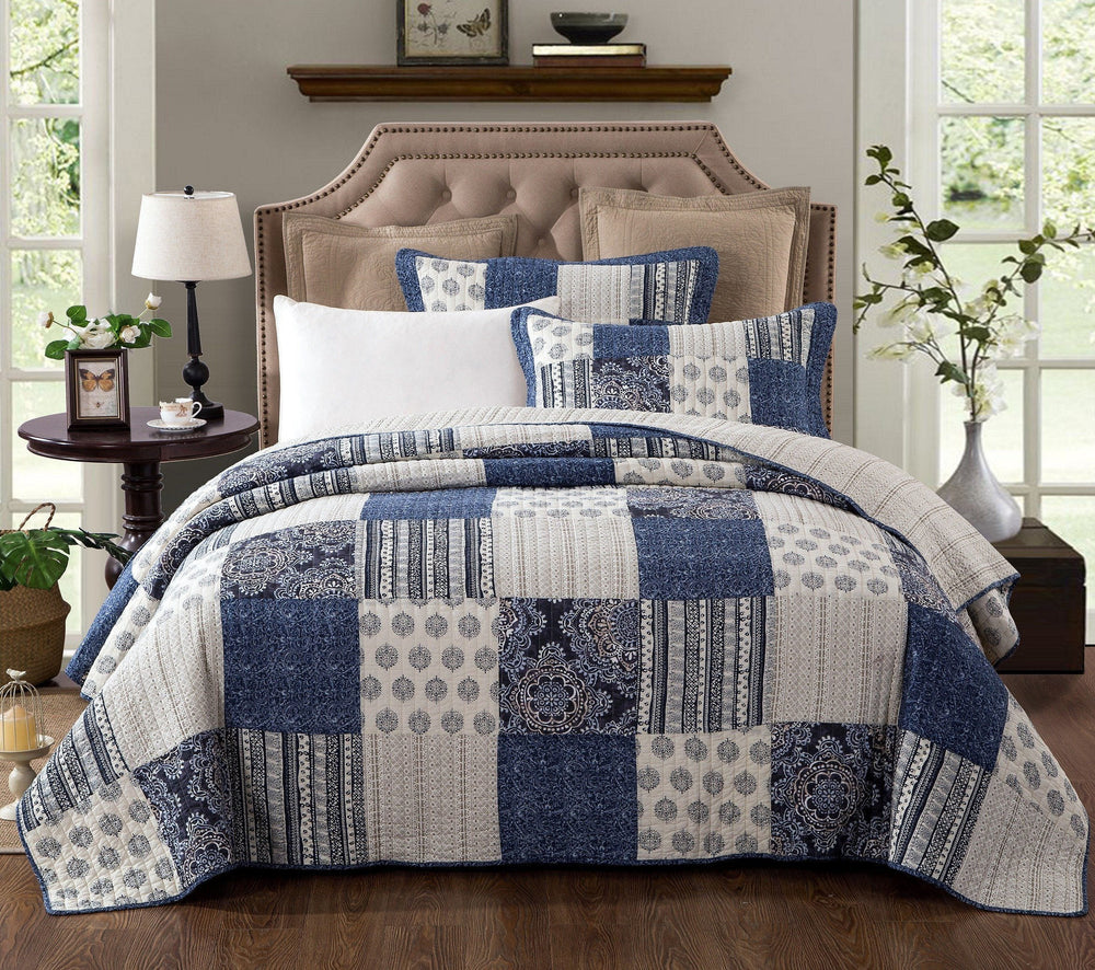 DaDa Bedding Bohemian Denim Blue Elegance Patchwork Cotton Bedspread Set (JHW-660) by DaDa Bedding Collection