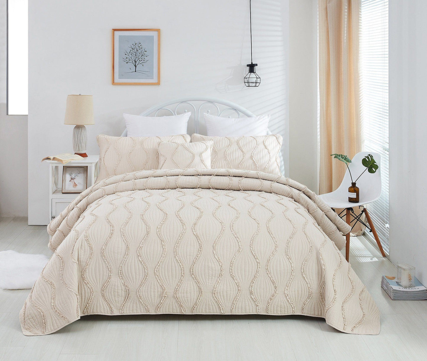 DaDa Bedding Soft Charming French Country Ruffles Quilted Cotton Bedspread Set - Ivory Cream Tan (JHW873) by DaDa Bedding Collection