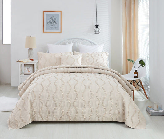 DaDa Bedding Soft Charming French Country Ruffles Quilted Cotton Bedspread Set - Ivory Cream Tan (JHW873) by DaDa Bedding Collection