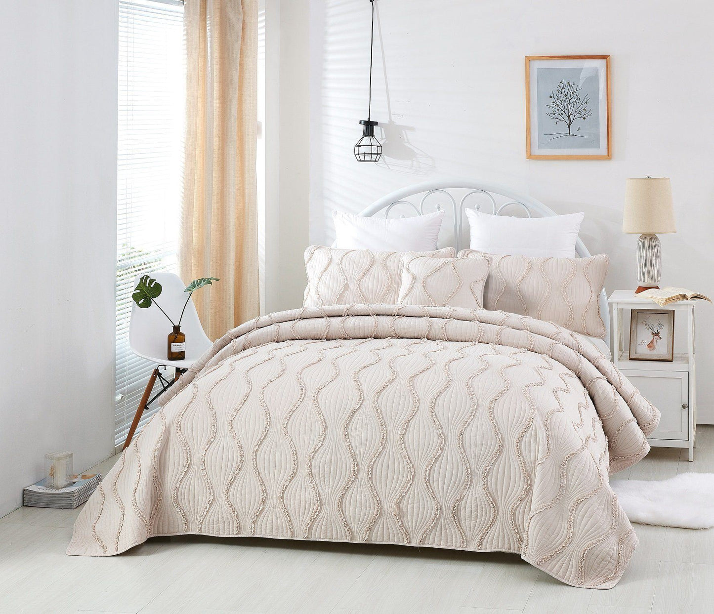 DaDa Bedding Soft Charming French Country Ruffles Quilted Cotton Bedspread Set - Ivory Cream Tan (JHW873) by DaDa Bedding Collection