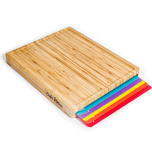 Easy-to-Clean Bamboo Wood Cutting Board with set of 6 Color-Coded Flexible Cutting Mats with Food Icons by Cooler Kitchen