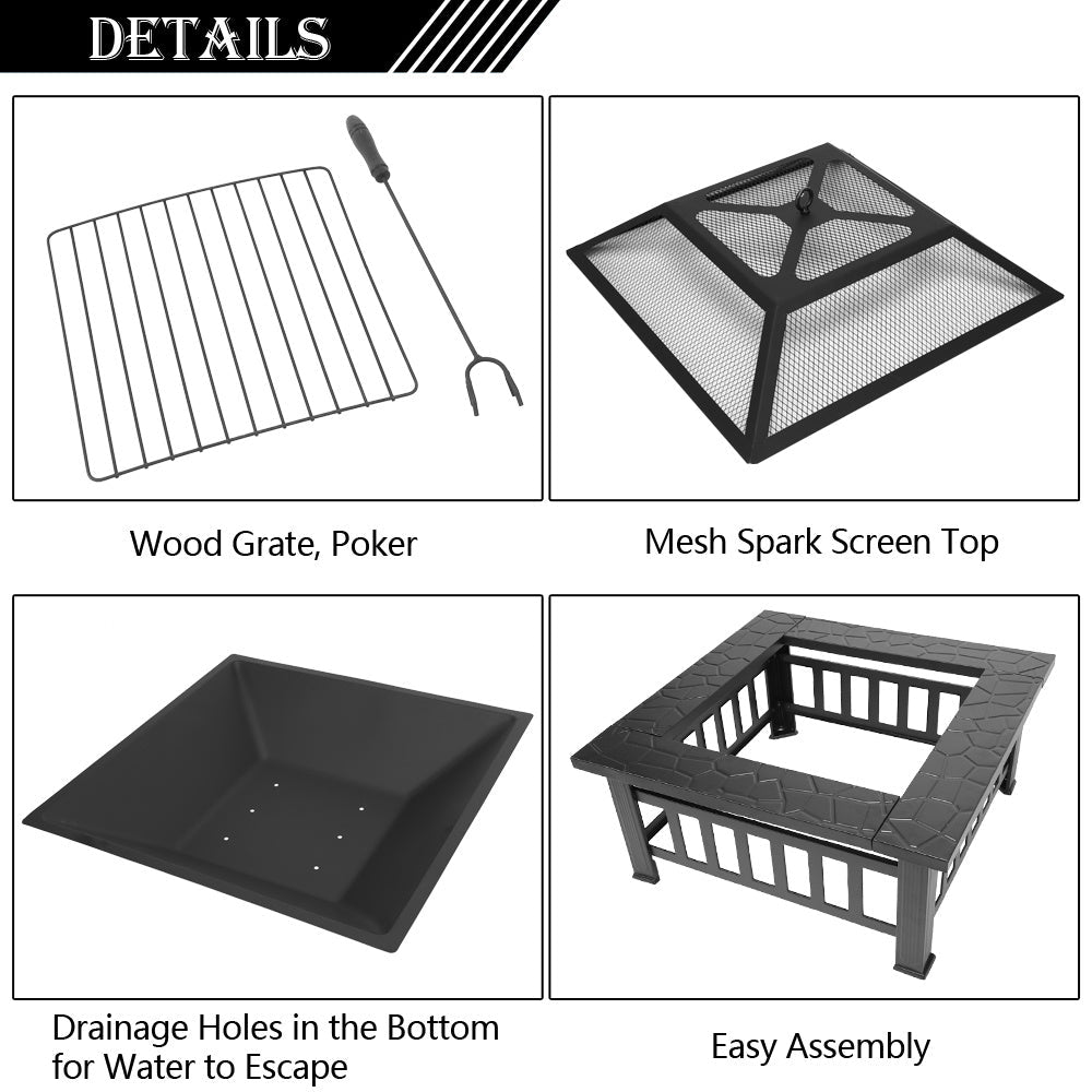 32 Inch Heavy Duty 3 in 1 Metal Square Patio Firepit Table by Blak Hom