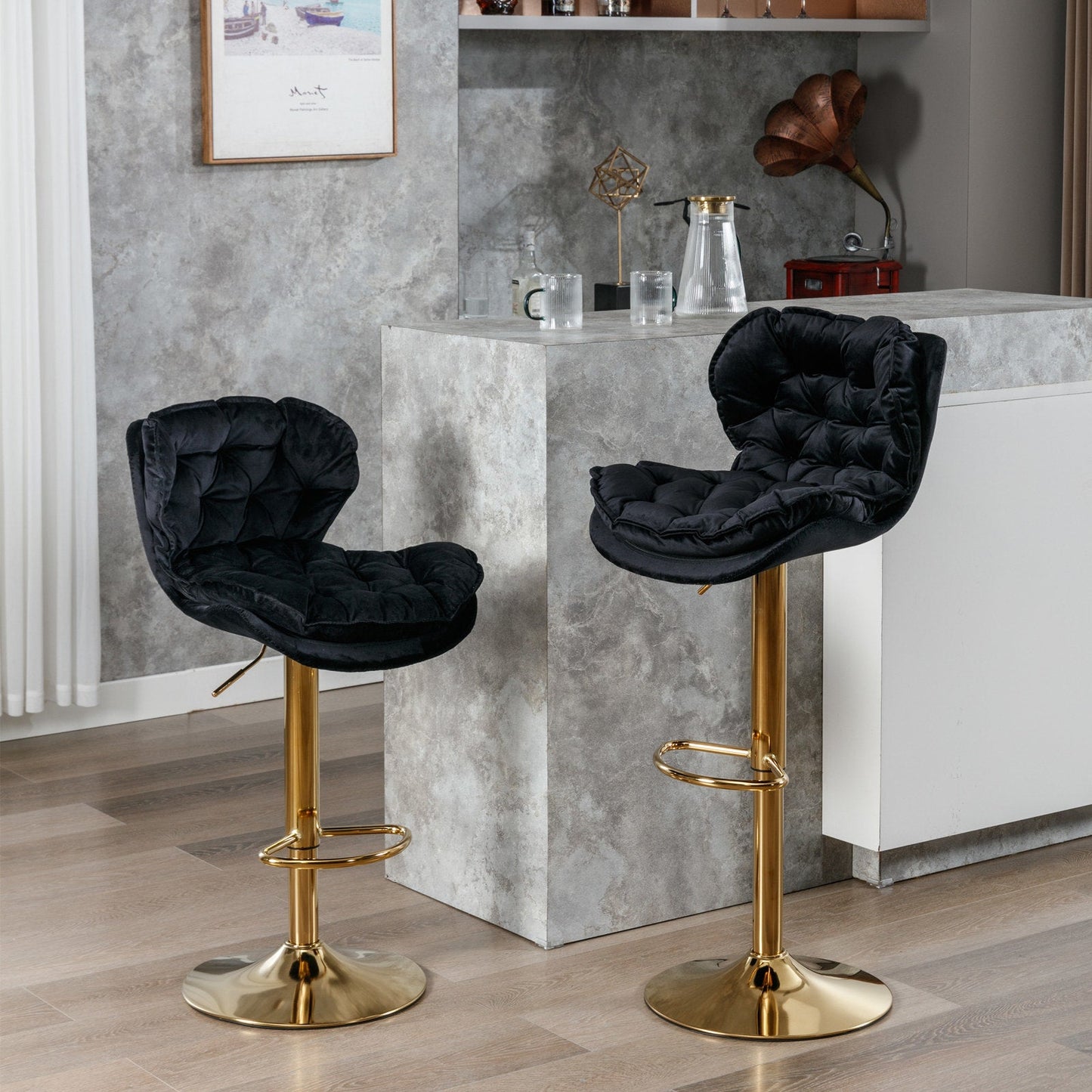 Set of 2 Swivel Velvet  Bar Stools Black by Blak Hom